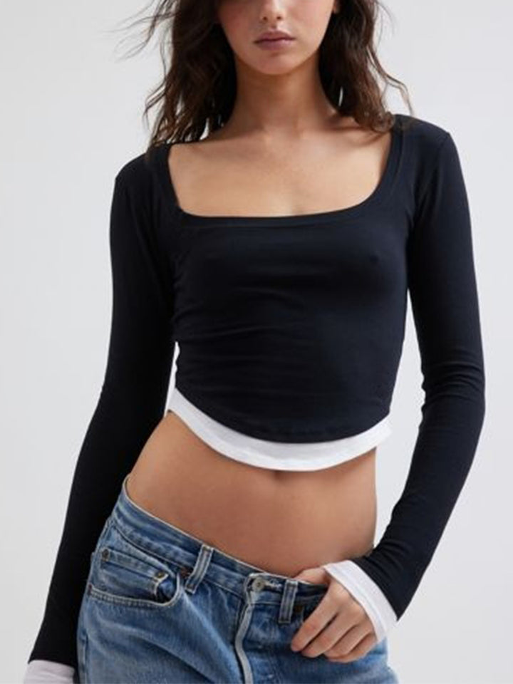 Damen Cropped-Langarmshirt mit eckigem Ausschnitt und kontrastbündchen – Avérine