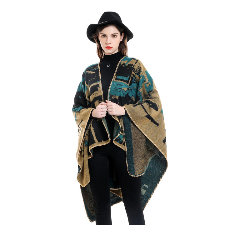 Damen Oversize-Umhangruana aus Wollmix mit abstraktem Jacquard und Zierstichkante – Célinea