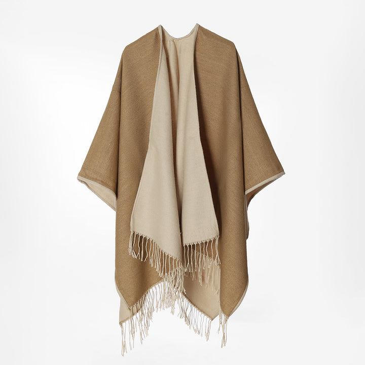 Damen Zweilagiger Oversize-Cape mit Fransen und offenem Wasserfall-Schnitt – Avérine