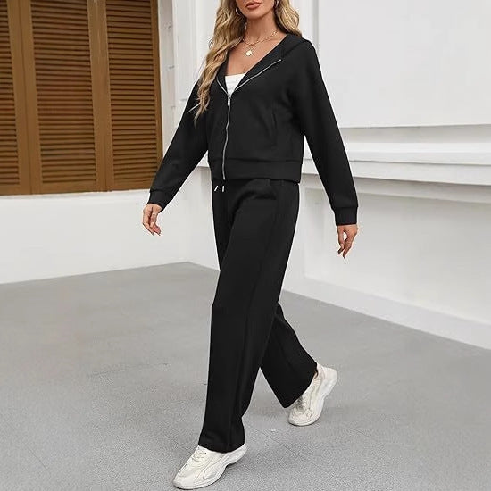 Damen nan Casual-Lounge-Set mit taillierter Zip-Kapuzenjacke, Kordelzug und weitem Palazzo-Jogger Echo Archiv