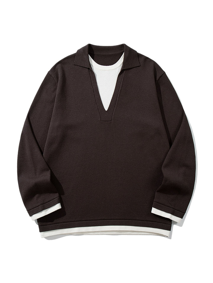 Unisex Lässiger Oversize Strickpullover mit tiefem V Einsatz und Hemd‑Layer Optik Echoarchiv