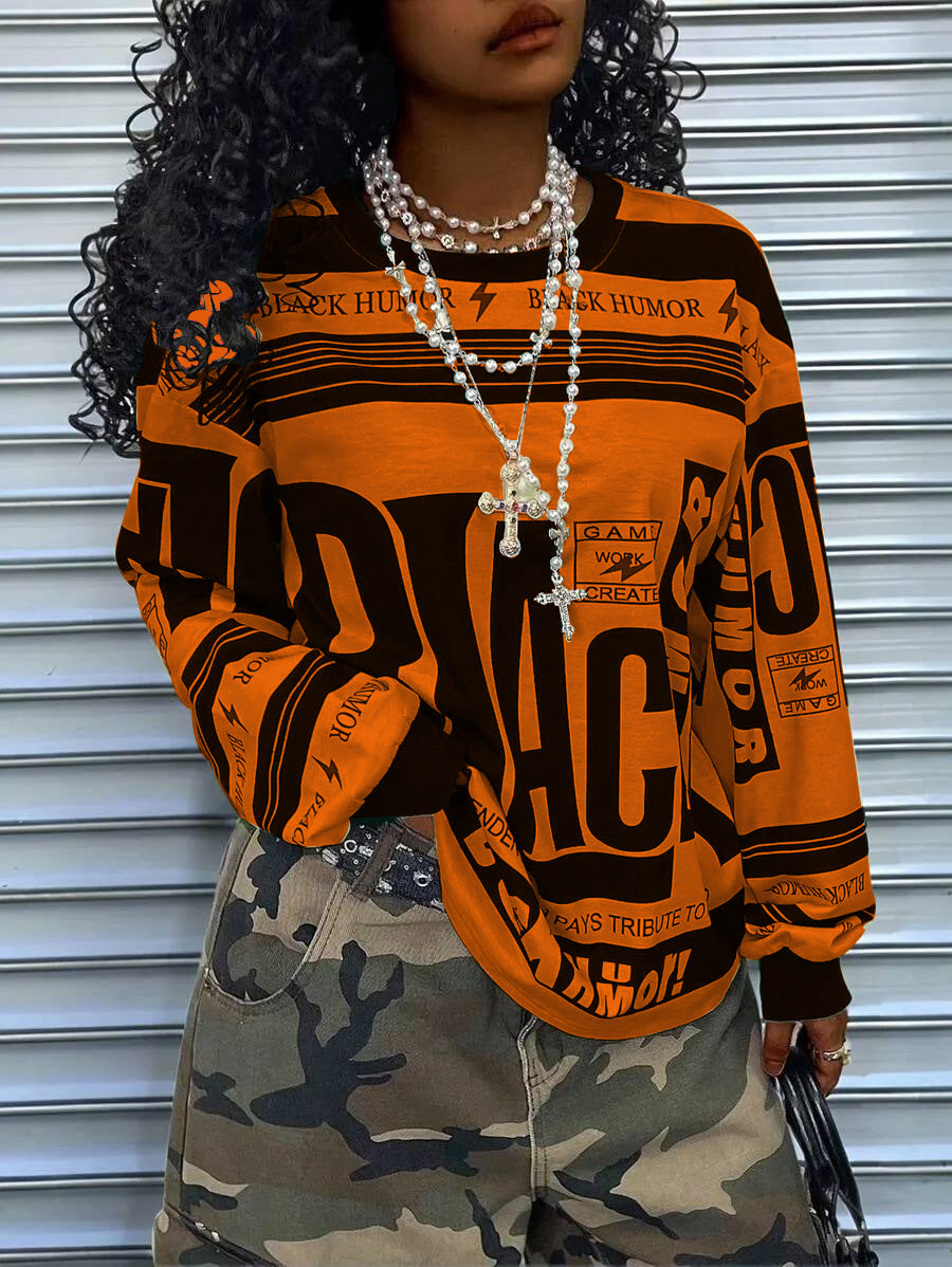 Damen Oversize‑Longsleeve Sweatshirt mit Allover‑Grafik, Rundhalsausschnitt und gerippten Bündchen – Avérine