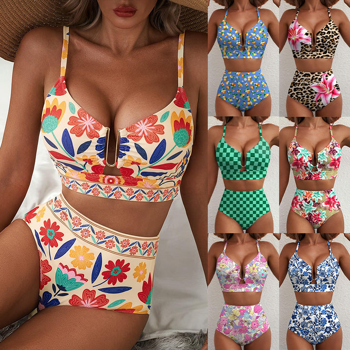 Damen Hoch geschnittener Bikini mit floralem Muster und Leo-Print Echo Archiv