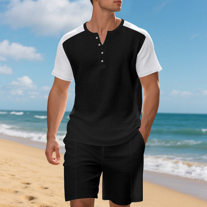 Herren lässiges Kurzarm-Henley-Set mit praktischen Taschen und atmungsaktiver Struktur Echoarchiv