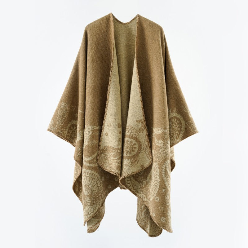 Damen Reversibler Jacquard-Capeponcho aus Wollmix mit Paisley-Motiv und offenem Fall – Montévia