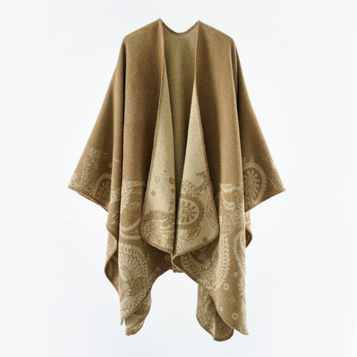 Damen Reversibler Jacquard-Capeponcho aus Wollmix mit Paisley-Motiv und offenem Fall – Montévia