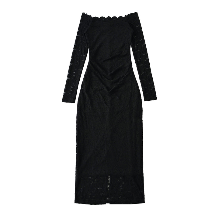 Damen Schulterfreies Spitzenkleid mit Taillenraffung und Langarm Echoarchiv