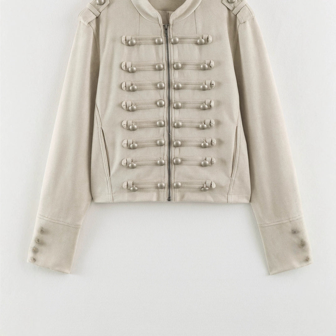 Damen Kurze Military-Jacke mit Zierknopfleiste und Stehkragen Echoarchiv