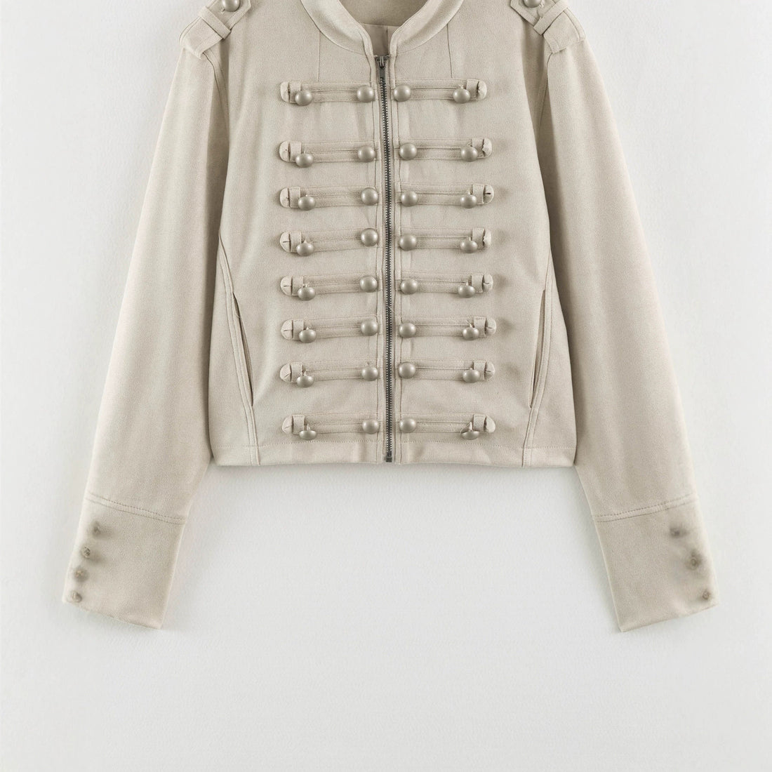 Damen Kurze Military-Jacke mit Zierknopfleiste und Stehkragen Echoarchiv