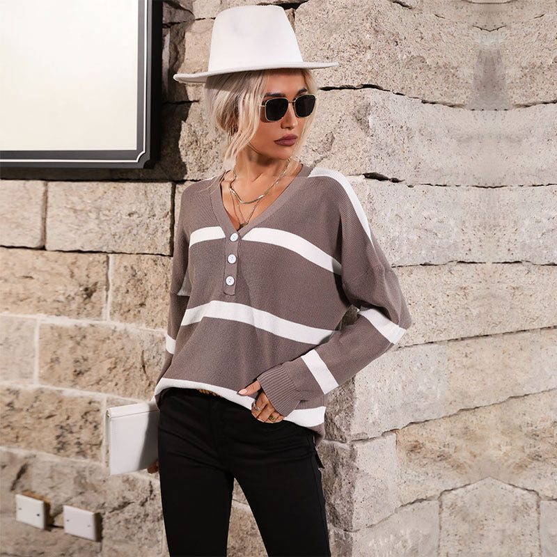 Damen Oversize V-Ausschnitt Strickpullover mit Knopfleiste und Blockstreifen Echoarchiv