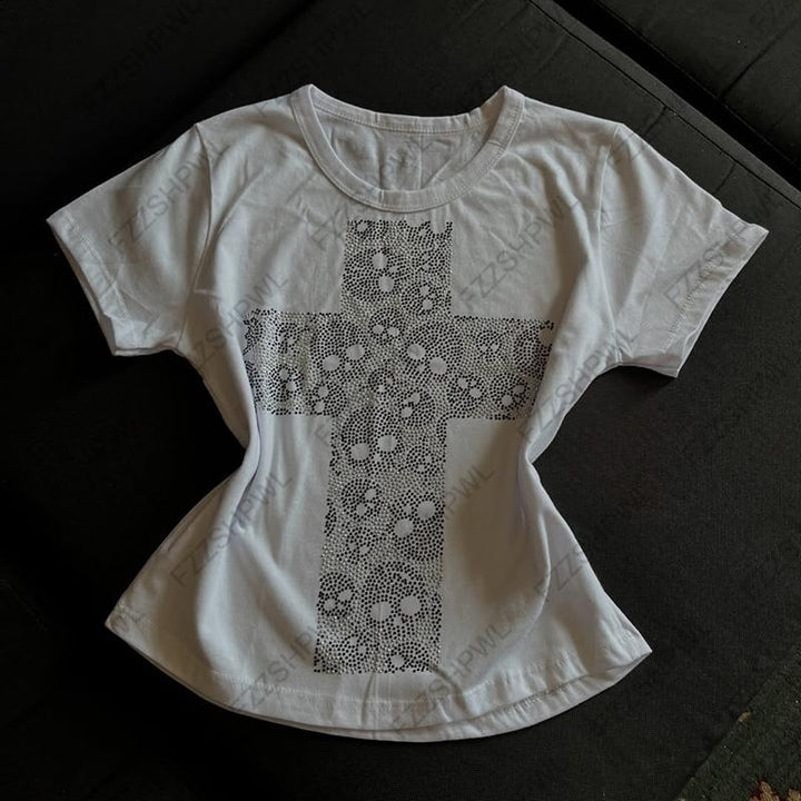 Damen T-Shirt mit kreativem Kreuzdruck Echo Archiv