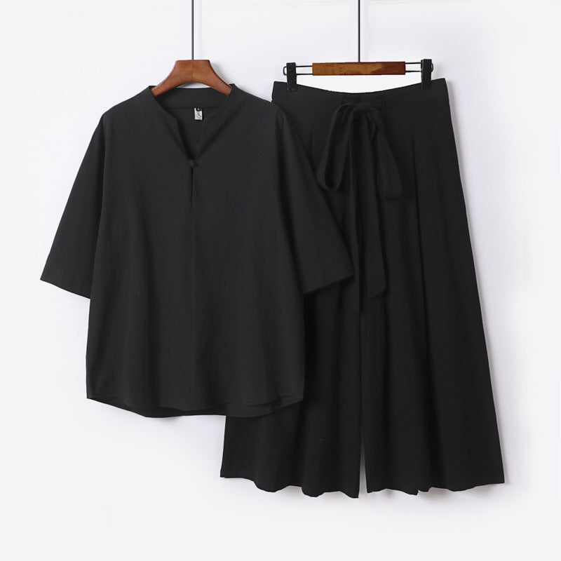 Damen Lässiges Leinen-Viskose Lounge-Set mit Stehkragen-Oberteil und weiten Palazzo-Hose Echoarchiv