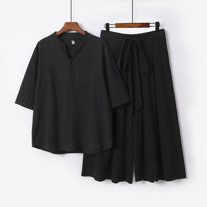 Damen Lässiges Leinen-Viskose Lounge-Set mit Stehkragen-Oberteil und weiten Palazzo-Hose Echoarchiv