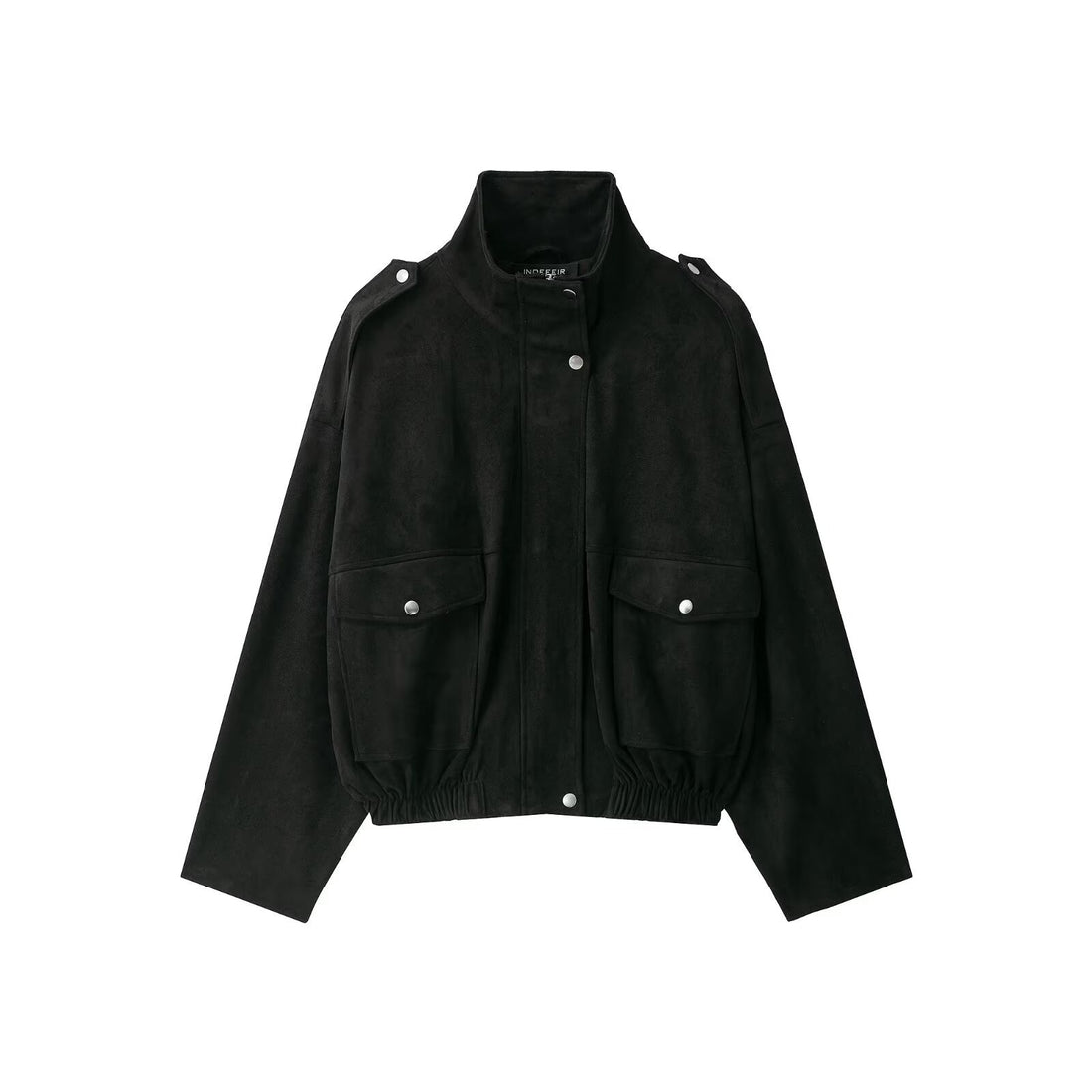 Damen Kurzgeschnittene Bomberjacke aus Veloursimitat im Utility‑Look mit Funnelkragen und Klappentaschen Echoarchiv