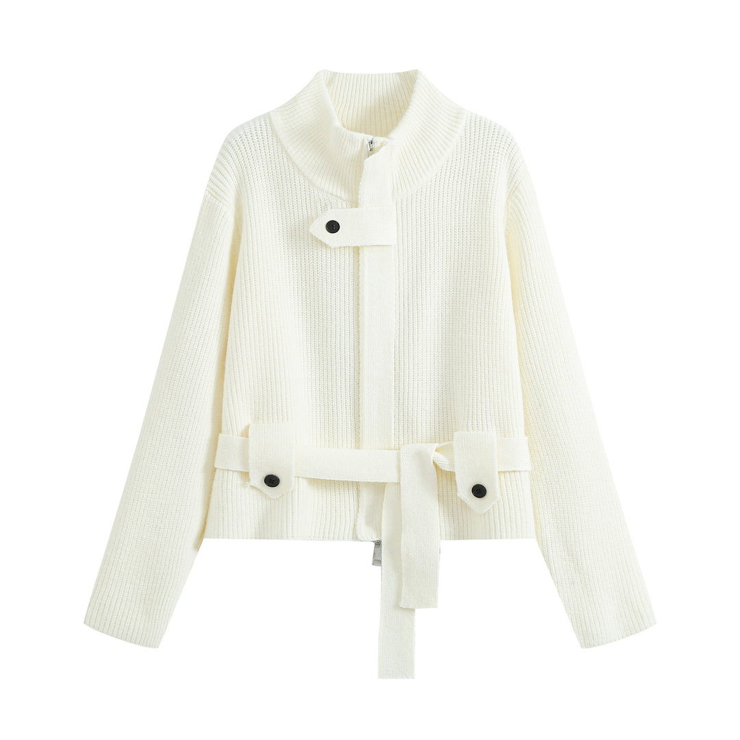 Damen Kurze Strickjacke im Blousonstil mit Stehkragen und Bindegürtel Echo Archiv