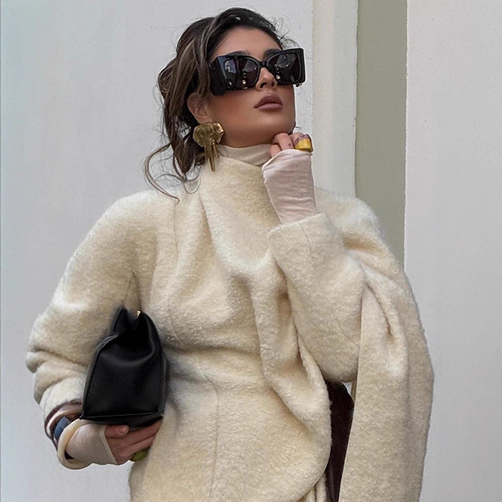 Damen Oversize Wollmix-Poncho mit asymmetrischem Fall und Bindebändern Echoarchiv