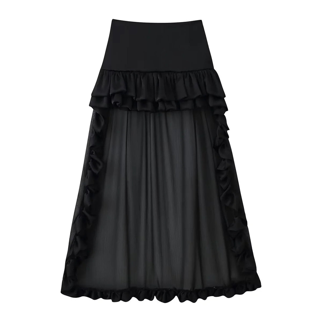 Damen Maxirock mit hoher Taille, mehrlagigen Volants und transparentem Tüll-Overlay – Valéora