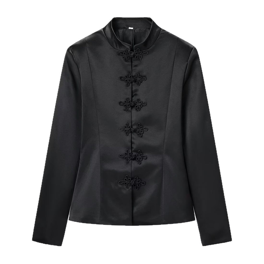 Damen Taillierte Satinjacke mit Stehkragen und Zierknotenverschlüssen Echoarchiv