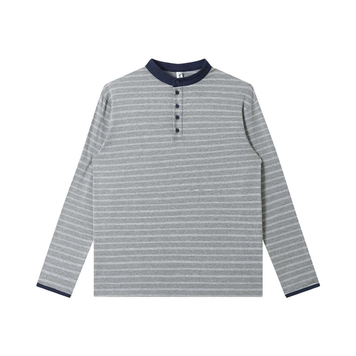 Herren Gestreiftes Langarm-Henleyshirt mit Stehkragen und feiner Ringelstruktur Echoarchiv
