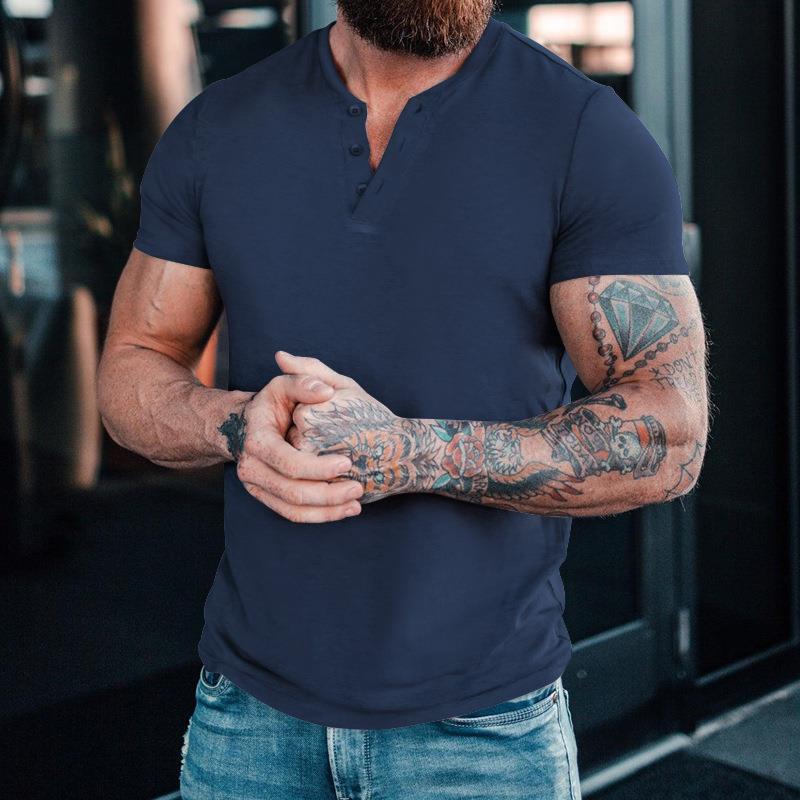 Herren Kurzarm-Henley-T-Shirt aus hochwertiger Baumwolle mit Knopfleiste Echoarchiv