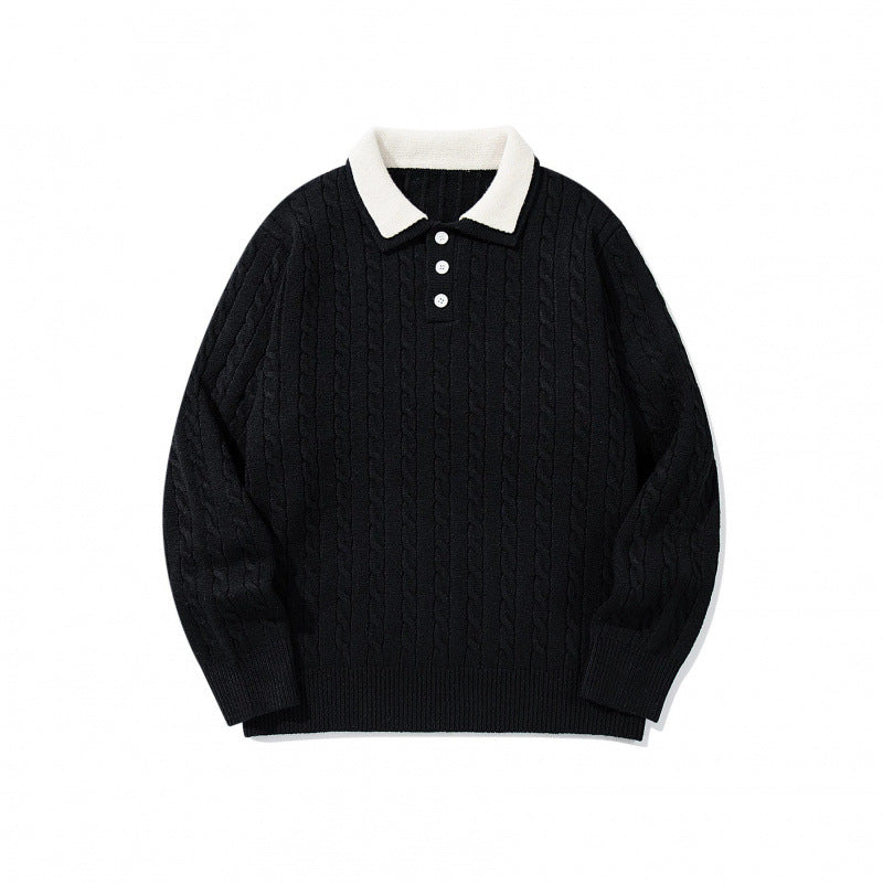 Herren Grobgestrickter Polokragen-Pullover mit Zopfmuster und Knopfleiste Echo Archiv