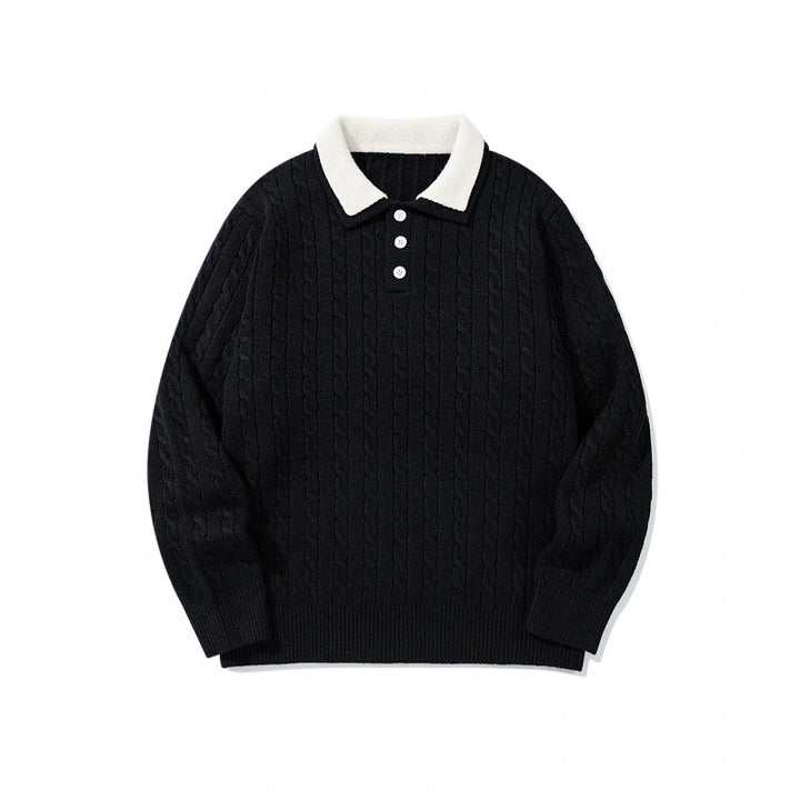 Herren Grobgestrickter Polokragen-Pullover mit Zopfmuster und Knopfleiste Echo Archiv