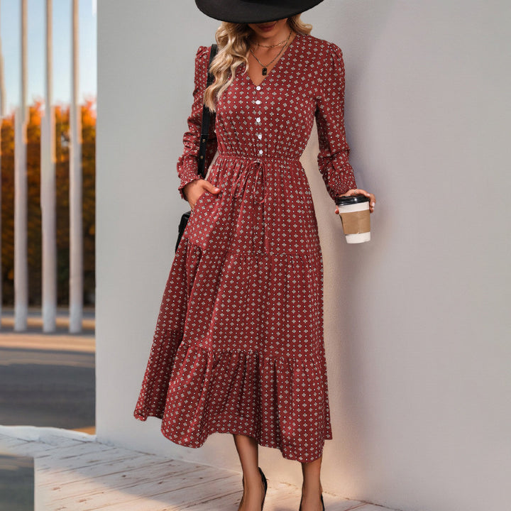 Damen Elegantes Midi-Kleid mit Rüschen und Bindeband Echo Archiv