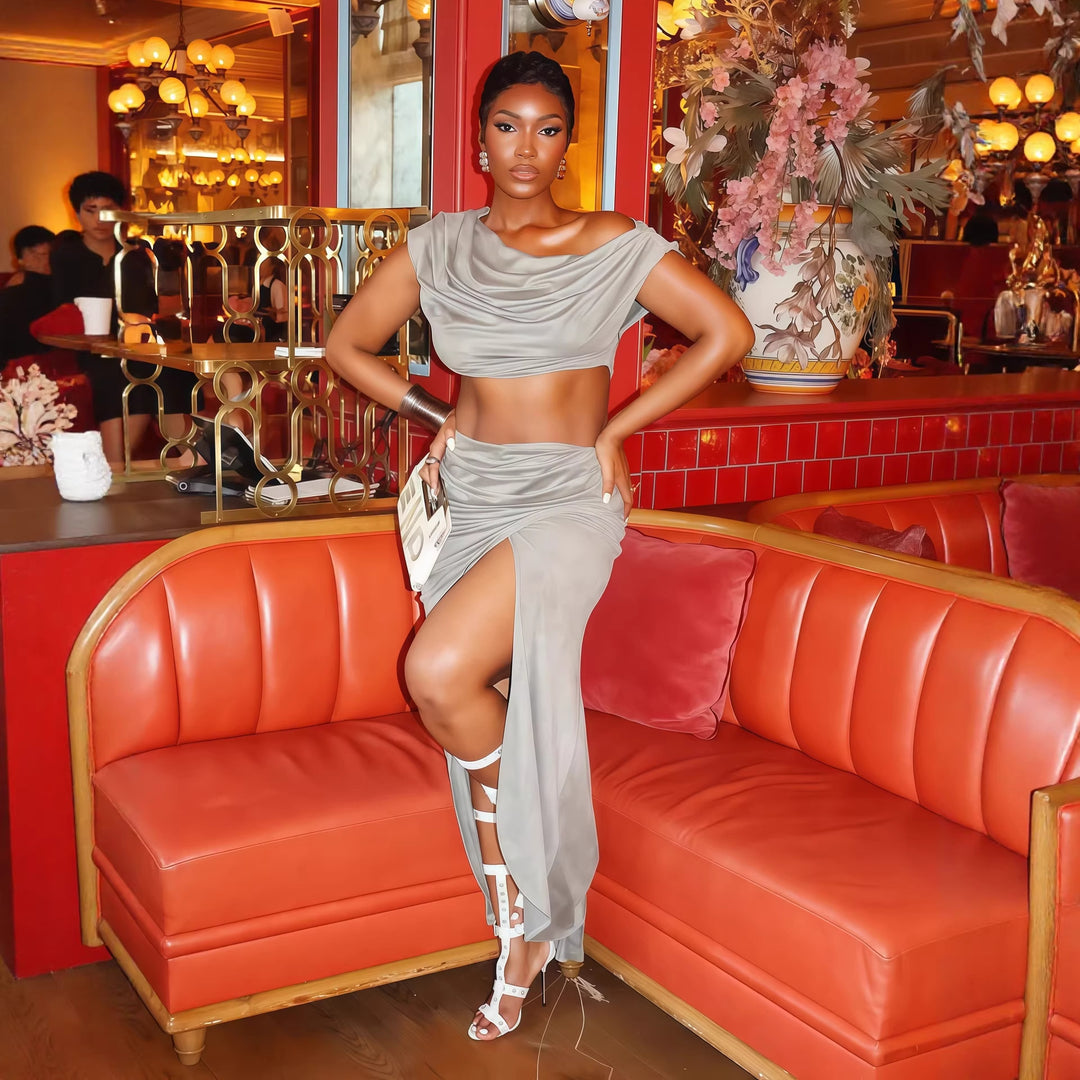 Damen Elegantes Two-Piece Set mit asymmetrischem Oberteil und gerafftem Rock Echo Archiv