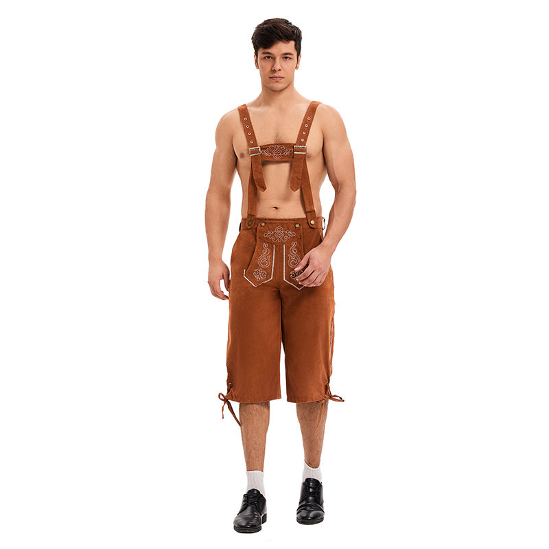 Herren nan traditionelle Trachtenlederhose mit verstellbaren Trägern und stickierter Vorderpasse Echo Archiv
