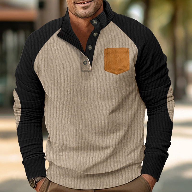 Herren Geripptes Henley‑Pullover mit Raglanärmeln, Ellenbogen‑Patches & Brusttasche – Cavarno