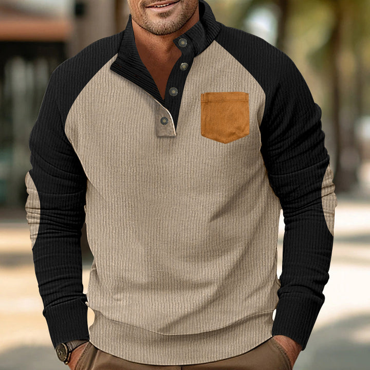 Herren Geripptes Henley‑Pullover mit Raglanärmeln, Ellenbogen‑Patches & Brusttasche – Cavarno