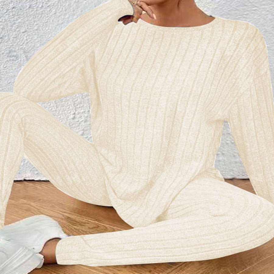 Damen Geripptes Relax‑Zweiteiler aus Feinstrick mit Rundhalsausschnitt und Slim‑Jogger – Élanora