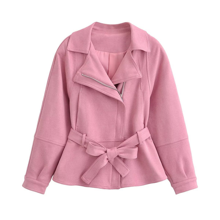 Damen Zweiteiliges Kunstleder-Set mit taillierter Bikerjacke, Bindegürtel und Midirock Echo Archiv