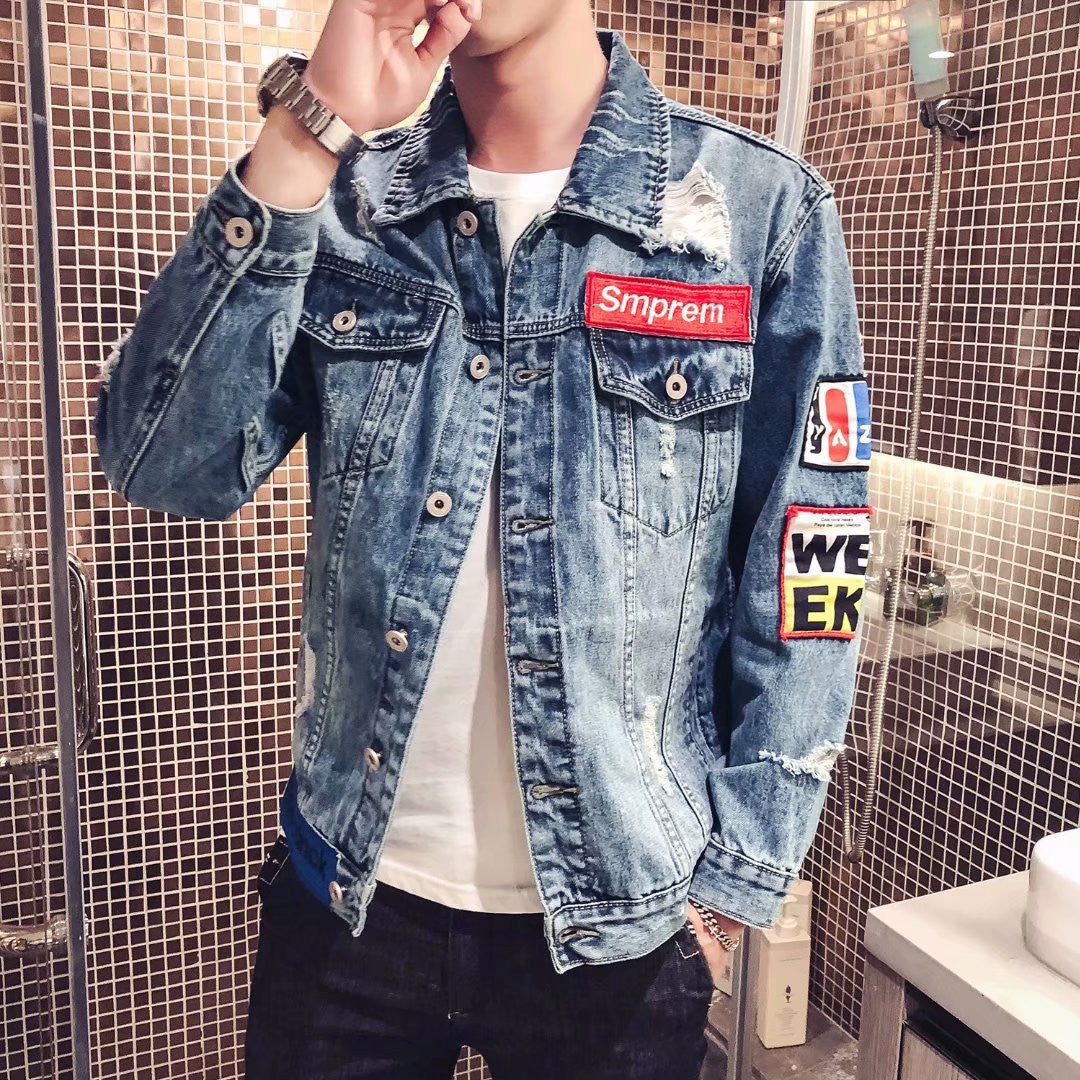 Herren Lässige Denimjacke mit kreativen Patches Echoarchiv