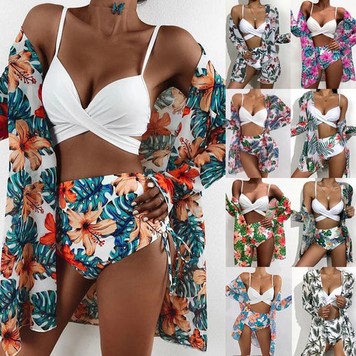 Damen Bikiniset mit floralem Kimono und hoch taillierter Hose Echo Archiv