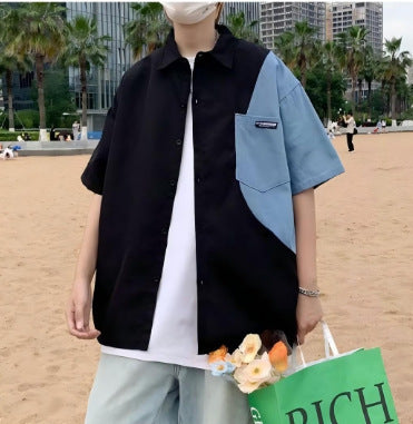 Herren Oversized Kurzarm-Hemd mit Colorblock-Design und aufgesetzter Brusttasche Echoarchiv