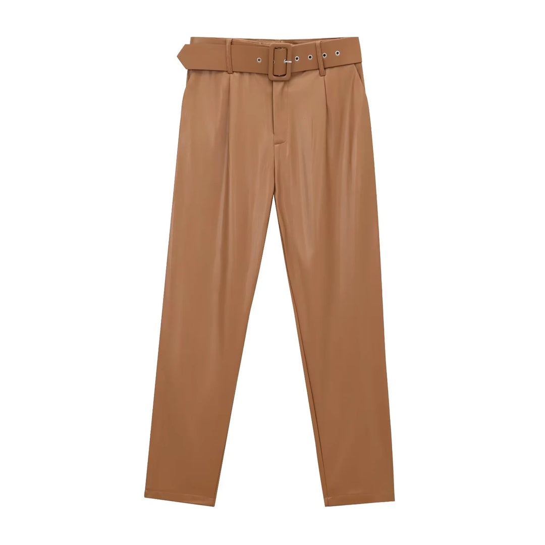 Damen taillierte Highwaist-Hose mit Bundfalten, schmal zulaufendem Bein und breitem Ziergürtel – Avélisse