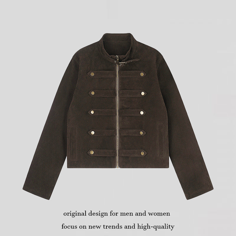 Damen Kurzjacke aus Veloursleder im militärischen Stil mit Stehkragen und Zierriegeln Echoarchiv