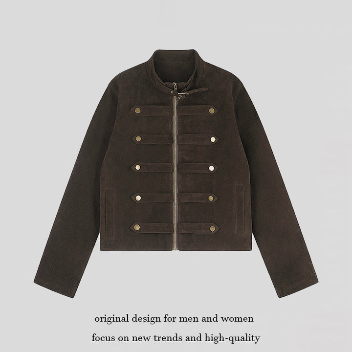 Damen Kurzjacke aus Veloursleder im militärischen Stil mit Stehkragen und Zierriegeln Echoarchiv