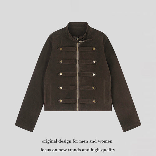 Damen Kurzjacke aus Veloursleder im militärischen Stil mit Stehkragen und Zierriegeln Echoarchiv