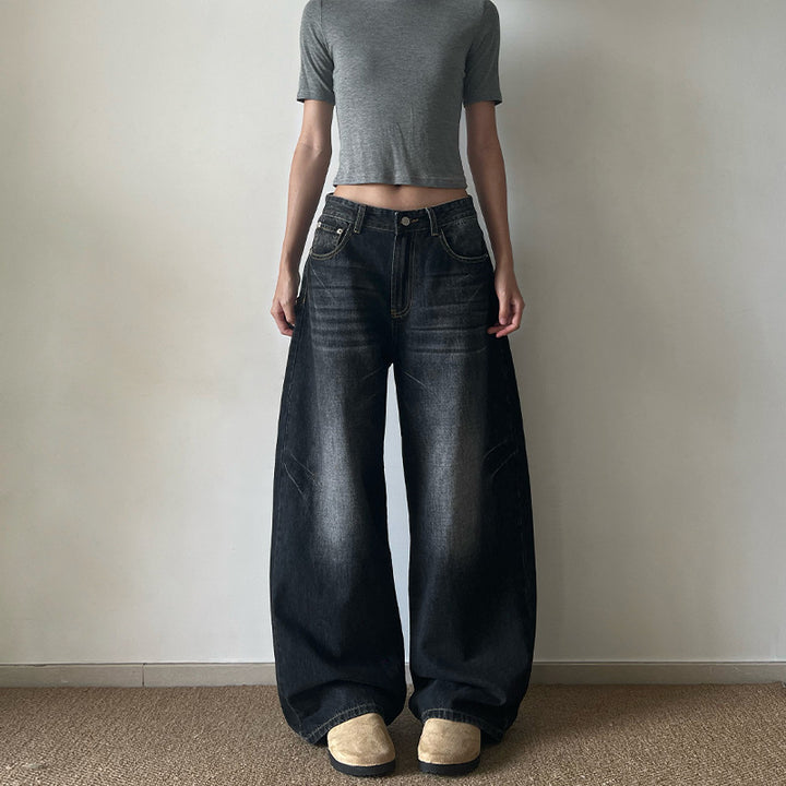 Damen Ultraweite Vintage-Denim Marlene-Jeans mit soften Used-Falten und bodenlangem Saum Echo Archiv