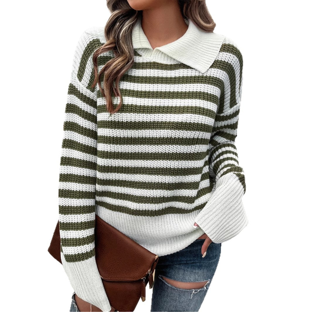Damen nan gestreifter Polokragen-Strickpullover mit weitem Saum und ausgestellten Bündchen Echo Archiv