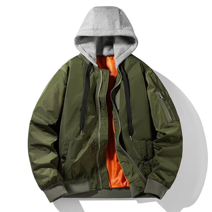 Herren Bomberjacke mit eingearbeiteter Kapuze, Ärmeltasche und Kontrastfutter – Brevano