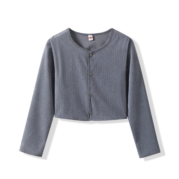 Damen Cropped Rundhals-Cardigan mit Druckknöpfen aus geripptem Strick – Veloura