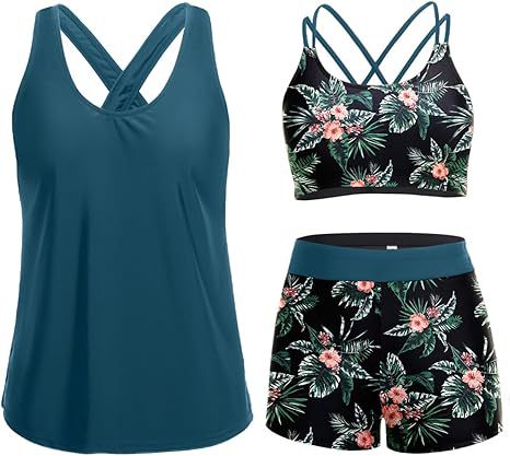 Damen Sportliches Tankini-Set mit floralem Oberteil und Shorts Echoarchiv