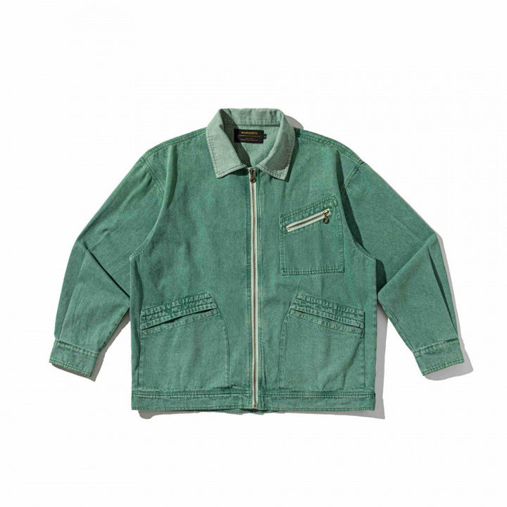 Unisex Kastenförmige Overshirt‑Jacke aus gewaschenem Denim mit Frontreißverschluss und Mehrfachtaschen Echo Archiv