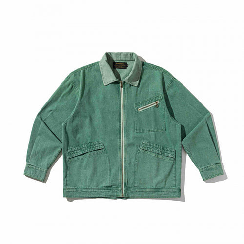 Unisex Kastenförmige Overshirt‑Jacke aus gewaschenem Denim mit Frontreißverschluss und Mehrfachtaschen Echo Archiv