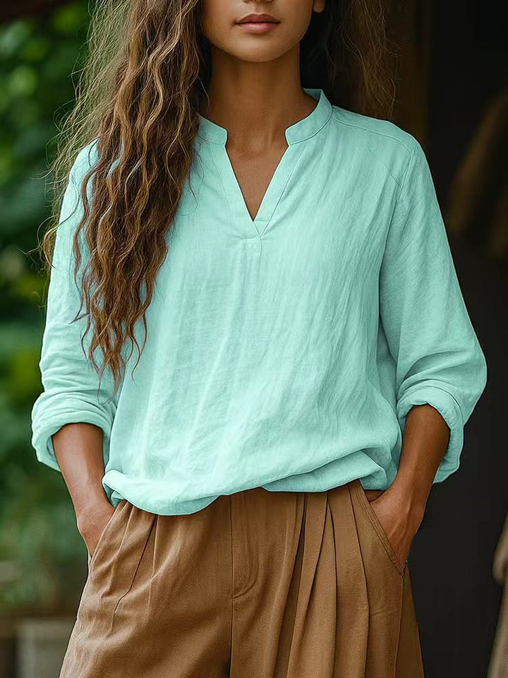 Damen Casual Tunika-Bluse in Leinenoptik mit kleinem Stehkragen und V‑Schlitz – Élovi