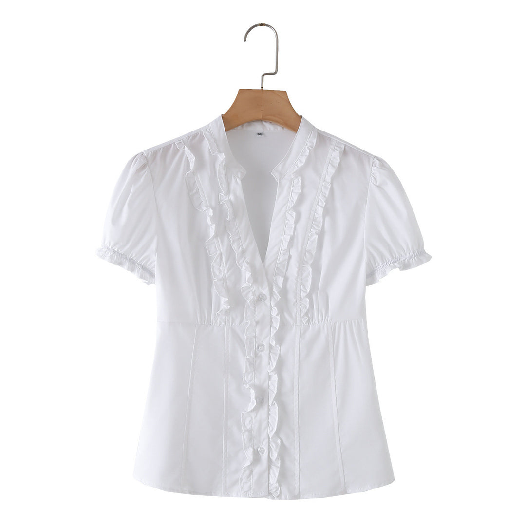 Damen Rüschenshirt mit elegantem V-Ausschnitt und taillierter Passform Echo Archiv
