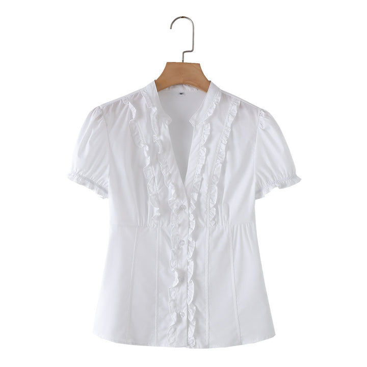 Damen Rüschenshirt mit elegantem V-Ausschnitt und taillierter Passform Echo Archiv